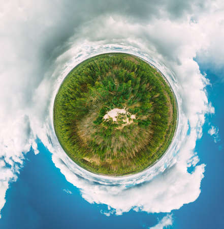 Aerial View Green Coniferous Forest Pines Woods Landscape In Sunny Spring Day. Top View Of Beautiful European Nature From High Attitude. Drone View. Birds Eye View. Little Small Planet Conceptの写真素材
