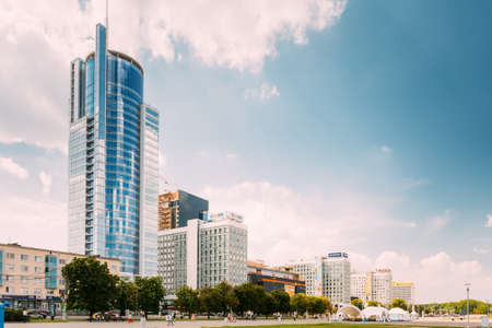 Business Center Royal Plaza -Skyscraper on Pobediteley Avenue in district Nemiga Nyamiha in Minsk, Belarusのeditorial素材
