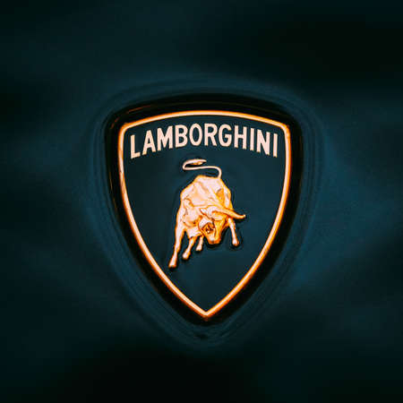 Close Up Logo Of Lamborghini on dark blue backgroundのeditorial素材