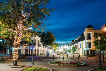 Brest, Belarus. Old Architecture On Pedestrian Sovietskaya Street In Evening Night Illuminatios.のeditorial素材
