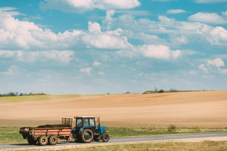 Tractor With Cart And Compost Moving On Country Road In Summer Season. Agricultural Landscapeの写真素材