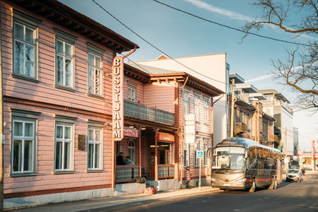 Parnu, Estonia. Bus Parked Near Parnu Bus Station In Sunny Winter Dayのeditorial素材