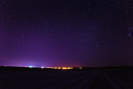 Dark Purple Magenta Colors Sky. Landscape With Natural Night Sky Stars Background. Starry Sky Over...