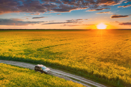 Renault Duster SUV Parked Near Countryside Road In Spring Field Countryside Landscape. Duster Produced Jointly By French Manufacturer Renault And Its Romanian Subsidiary Dacia.のeditorial素材