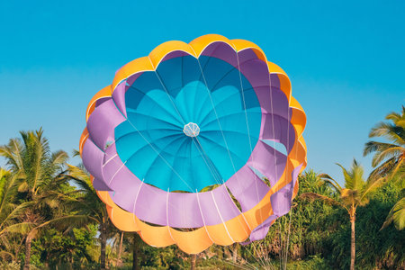 Multi-colored Parachute For Parasailing On Background Of Palm Trees And Blue Sky