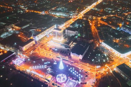Gomel, Belarus. Main Christmas Tree And Festive Illumination On Lenin Square In Homel. New Year In...