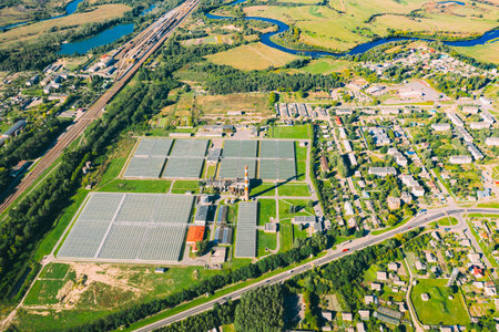 Aerial View Greenhouses For Growing Flowers, Vegetables And Fruits. Agricultural And Industrial...