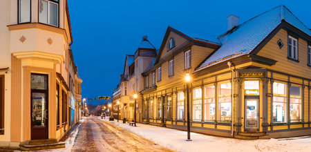Parnu, Estonia. Night View Of Famous Ruutli Street With Old Buildings And Houses In Evening Night Illuminations.のeditorial素材