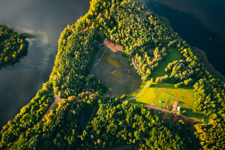Novoe Lyadno, Lepel Lake, Beloozerny District, Vitebsk Region. Aerial View Of Island Pension Lode In...