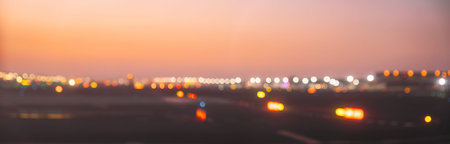View Of Runway Of Airport Abstract Boke Bokeh Background. Design Backdrop. Panorama Panoramic View