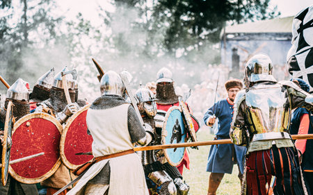 Historical restoration of knightly fights on festival of medieval cultureのeditorial素材
