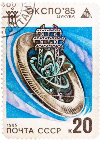 Stamp printed in the USSR shows Soviet communication satelliteのeditorial素材