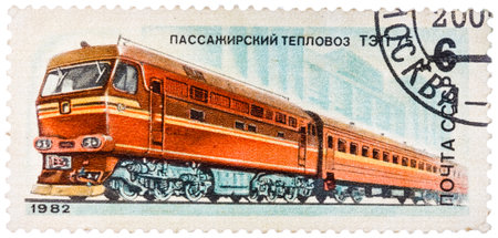 Stamp printed in USSR shows passenger locomotive TEP 75のeditorial素材