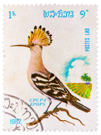 Stamp printed in LAOS shows Hoopoe (Upupa epops), from series Birdsのeditorial素材