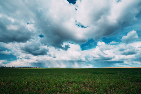 Sky During Rain Horizon Above Rural Landscape Field. Agricultural And Weather Forecast Concept....
