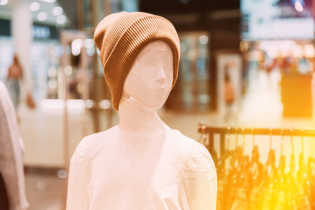 Casual warm Hat On Mannequin In Store Of Shopping Center. shelf display in shop mall store. Store Of Shopping Center. retail saleの写真素材