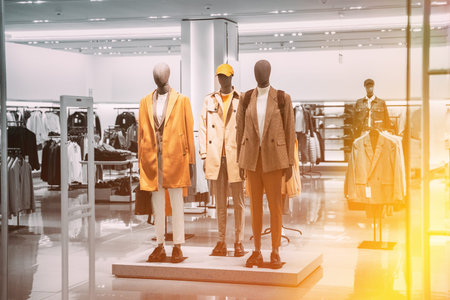 Mannequins Dressed In Men male Casual Clothes And coat jackets Clothes In Store Of Shopping Center....