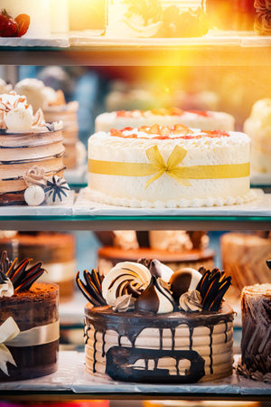 yummy assortment baked pastry in bakery. Various Different Types Of Sweet Cakes In Pastry Shop Glass Display. Good Assortment Of Confectionery. buffet with many dessertsの写真素材