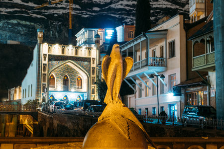 Tbilisi, Georgia - March 23, 2022: Statue Of Falcon In Ancient District Abanotubani Of Tbilisi Also...