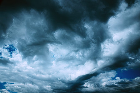 Dark Storm Cloudy Rainy Sky With Rain Heavy Clouds. Sky Natural Background. Weather Forecast...