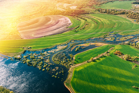 Aerial View Green meadows And River Landscape In Sunny Spring Summer Day. Top View Of Nature, Spring...