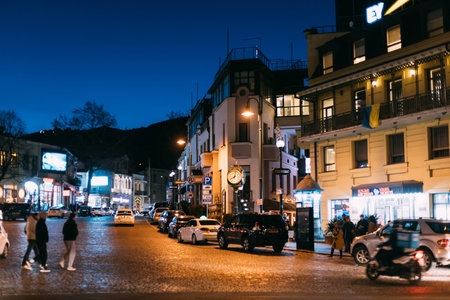 Tbilisi, Georgia - March 28, 2022: Various Cars Parked At Kote Afkhazi St, Tbilisi. Night City Life....