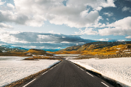 Aurlandsfjellet, Norway. Open Road Aurlandsfjellet. Scenic Route Road In Summer Norwegian Landscape. Natural Norwegian Landmark And Popular Destinationの写真素材
