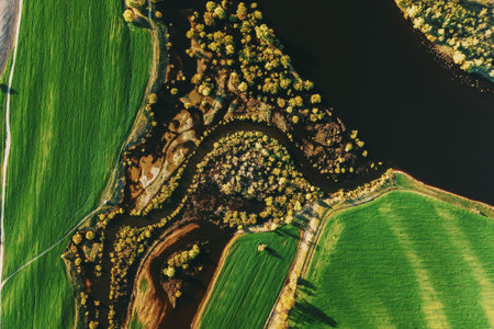 Aerial Flat View Green Meadow, Woods And River Landscape In Sunny Spring Summer Day. Top View Of Nature, Bird's Eye View. Trees Standing In Water During Spring Flood floodwaters. woods in Water deluge During A Spring Flood. Beautiful spring landscape with reflection in river. inundation river.の写真素材