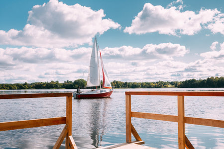 Novoe Lyadno, Beloozerny District, Vitebsk Region, Belarus. Man Sailing On Motorboat Or Powerboat...