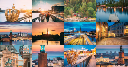 Travel Photos Set Bunch Pack Stockholm, Sweden. Famous Popular Places And Landmarks Destination Scenics. Scandinavia Travel.の写真素材