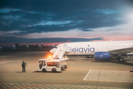 Aircrafts Planes Of Airlines Belavia Stand At Minsk National Airport. Travel And Transportation...