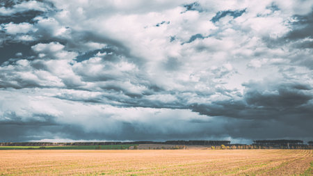 Countryside Rural Field Spring Meadow Landscape Under Scenic Dramatic Sky Before Rain. Rain Clouds...