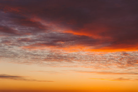 Sunset Cloudy Sky With Clouds. Sunset Sky Natural Background. Dramatic Sky. Sunset In Yellow,...