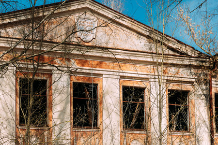 Abandoned Ruined Old Village School Building In Chernobyl Resettlement Zone. Belarus. Chornobyl...