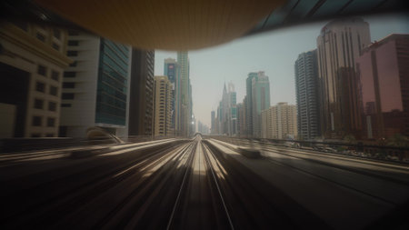 Dubai, UAE, United Arab Emirates - May 28, 2021: Metro In Dubai, United Arab Emirates. FPV POV At Fast Speed Drive Motion. Tunnel. driverless metro in blurred motion. futuristic city skyline in UAEのeditorial素材