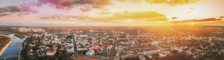 Gomel, Belarus. Panoramic Aerial View Of Homiel Cityscape Skyline In Autumn Evening. Birds-eye View Residential And Real Estate District During Sunsetの写真素材