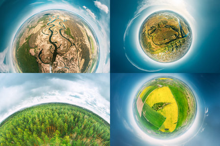 Aerial View Green Countryside Rural Yellow Canola Colza Field Meadow Landscape Sunny Spring Day. Top...