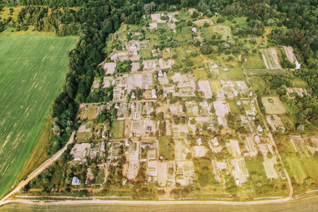 Aerial View Of Town Village Cityscape Skyline In Summer Sunny Morning. Daytime. Residential Houses....