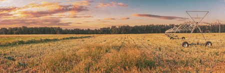 Panoramic View Of Sunset Sky Above Irrigation Pivot. Irrigation Machine At Agricultural Field With...