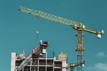 Amazing Bright Blue Clear Sky Above Construction Crane. Construction And Development Of New...