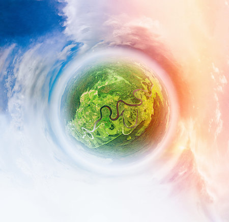 little planet view Green Forest Woods And River Landscape In Sunny Summer sunset sunrise. Aerial...