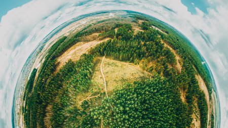 Little Planet View Of Coniferous Trees Green Forest. Pine Forest In Deforestation Area Landscape. Aerial View Top View Of Amazing European Nature. Deforestation Concept. Little Small Planet Conceptの写真素材