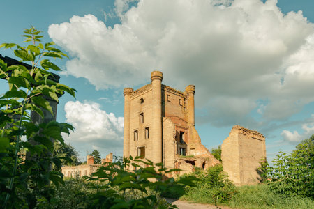 Remains Of Yastrzhembsky Estate And Park Complex. Old Five-storey Brick Water Tower. Borisovshchyna, Khoiniki District, Belarusの写真素材