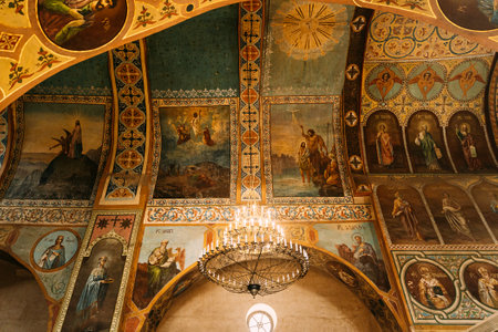 Mtskheta, Georgia. Fresco, Frescoes. Icons, of Shio-Mgvime Monastery. interior of Upper Church Of Holy Virgin Or Theotokos, Central Part Of Medieval Monastic ShioMgvime Complex In Limestone Canyonのeditorial素材