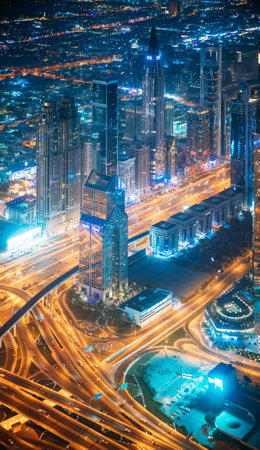 Dubai, UAE, United Arab Emirates - May 25, 2021: Aerial View Of Street Night Traffic Of Illuminated Cityscape With Skyscraper In Dubai. Aerial View Of Urban Cityscape Skyline At Night. Moving Through Modern City Street With Illuminated. Vertical High qualのeditorial素材