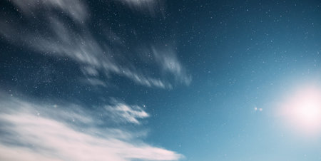 Moonrise In Winter Night Starry Sky With Glowing Stars. Amazing Bright Blue Night Starry Sky With Moon And Glowing Stars. Beautiful Scenic View Night Illumination. Calmness Night Timeの写真素材