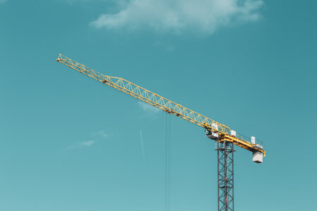 Amazing Bright Blue Clear Sky Above Construction Crane. Conception Of Development. Crane Without Work. Idle Conceptの写真素材