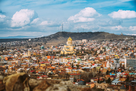 Tbilisi, Georgia. Elevated top Scenic View Famous Landmark Sameba Church. Georgian Capital Skyline Cityscapeの写真素材