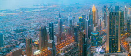 Dubai, UAE, United Arab Emirates - May 25, 2021: Aerial View Of Evening Night Scenic View Of Skyscraper. Street Night Illumination. Waterfront And Dubai Cityscape In Summer Evening. Night Scenic View Of Dubai Skyline. High quality photoのeditorial素材