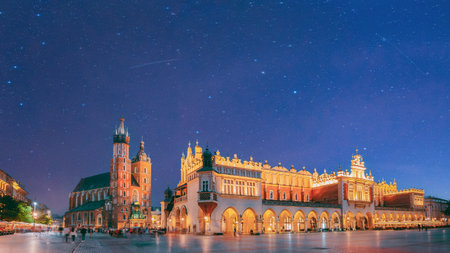 Krakow, Poland. Evening Night View Of St. Marys Basilica And Cloth Hall Building. Famous Old Landmark Church Of Our Lady Assumed Into Heaven.の写真素材
